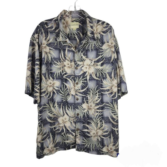 Joseph & Feiss Mens Hawaiian Shirt Button Up Blue Green Tan XXL Silk Floral - Picture 1 of 5